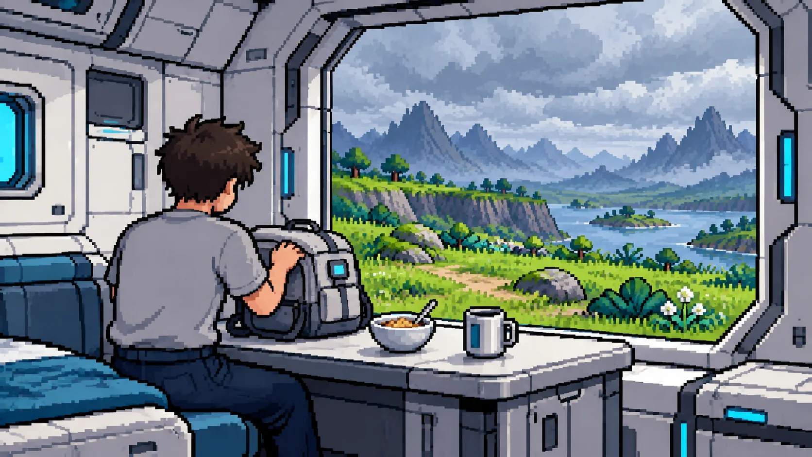 Ilustración ficticia de IA en píxeles de un tripulante con ropa de interior preparando desayuno y equipo a bordo, con vistas a la base nublada.