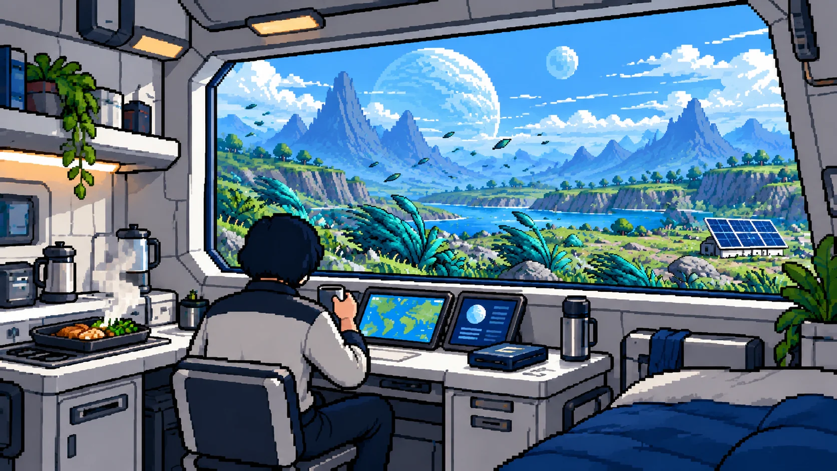 A fictional AI illustration of a crew member in indoor clothing reviewing records and equipment inside the white spacecraft on a windy morning, with a lake, mountains, windblown plants and solar equipment outside